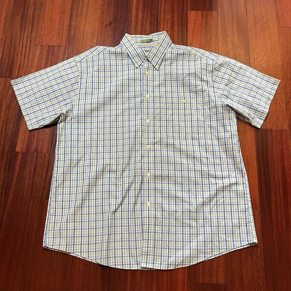 Vintage Orvis Shirt Mens XL Blue Green Check Plaid Button Down Short Sleeve 90s